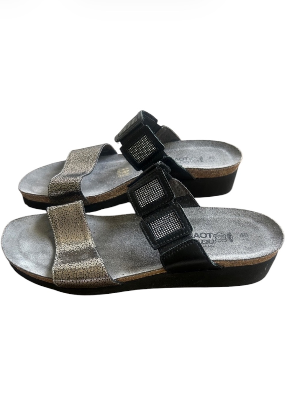 NAOT Women’s Black Metallic Wedge Slide Sandals EU 40  Leather Slip-On Shoes
